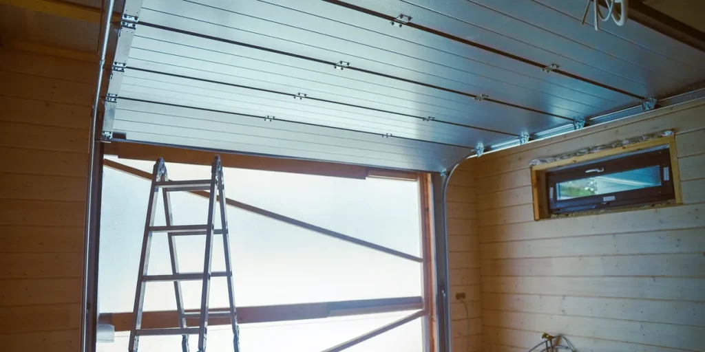 Sectional garage door and tracks seen from inside a garage
